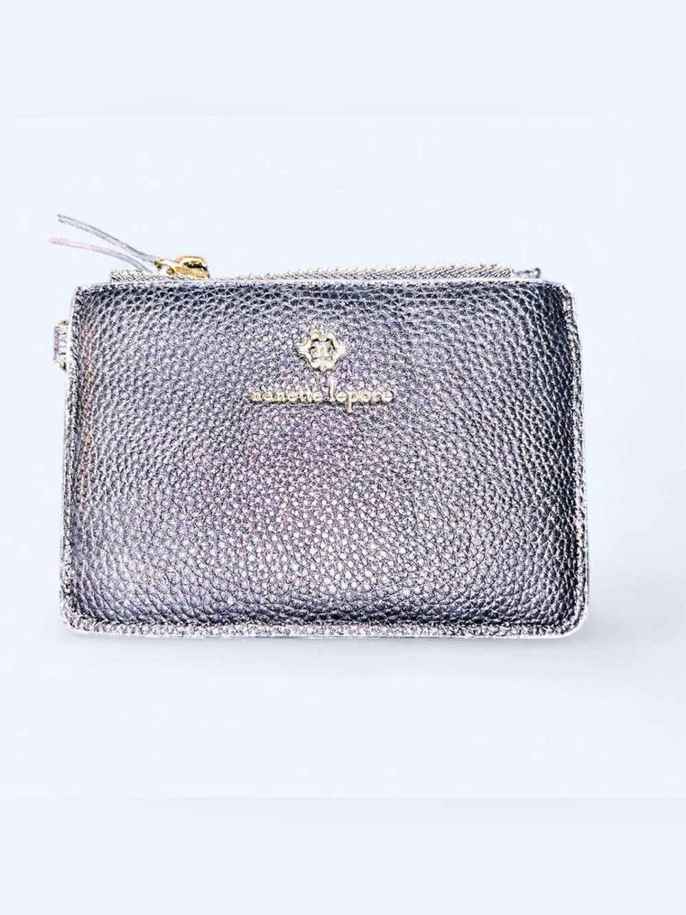 Nanette Lepore Black Leather Small Zip Wallet in Silver